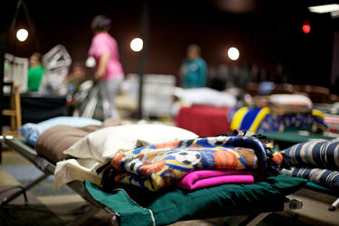 Cots at a homeless shelter