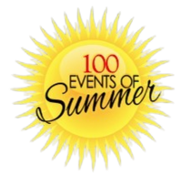 Image of cartoon sun, with the text "100 Events of Summer" written 