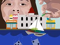 Game screenshot of a young girl meticulously trying to place a seed on a tiny boat floating in water