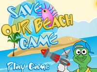 Save our Beach game screen with a turtle with a satellite laser in hand