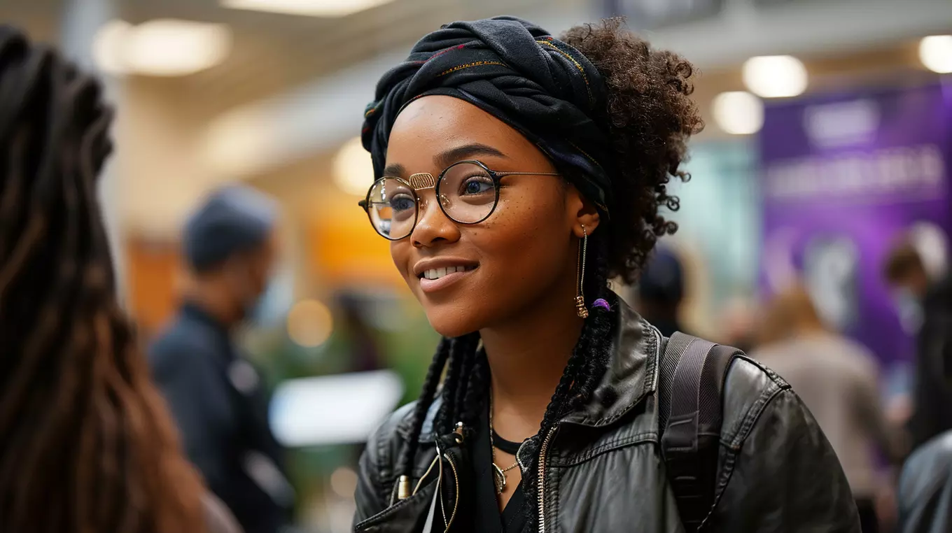 A young black woman at a health fair recieving resources & information.