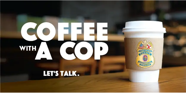 Coffee Cup with Police Badge Inviting Community to Coffee Club Event