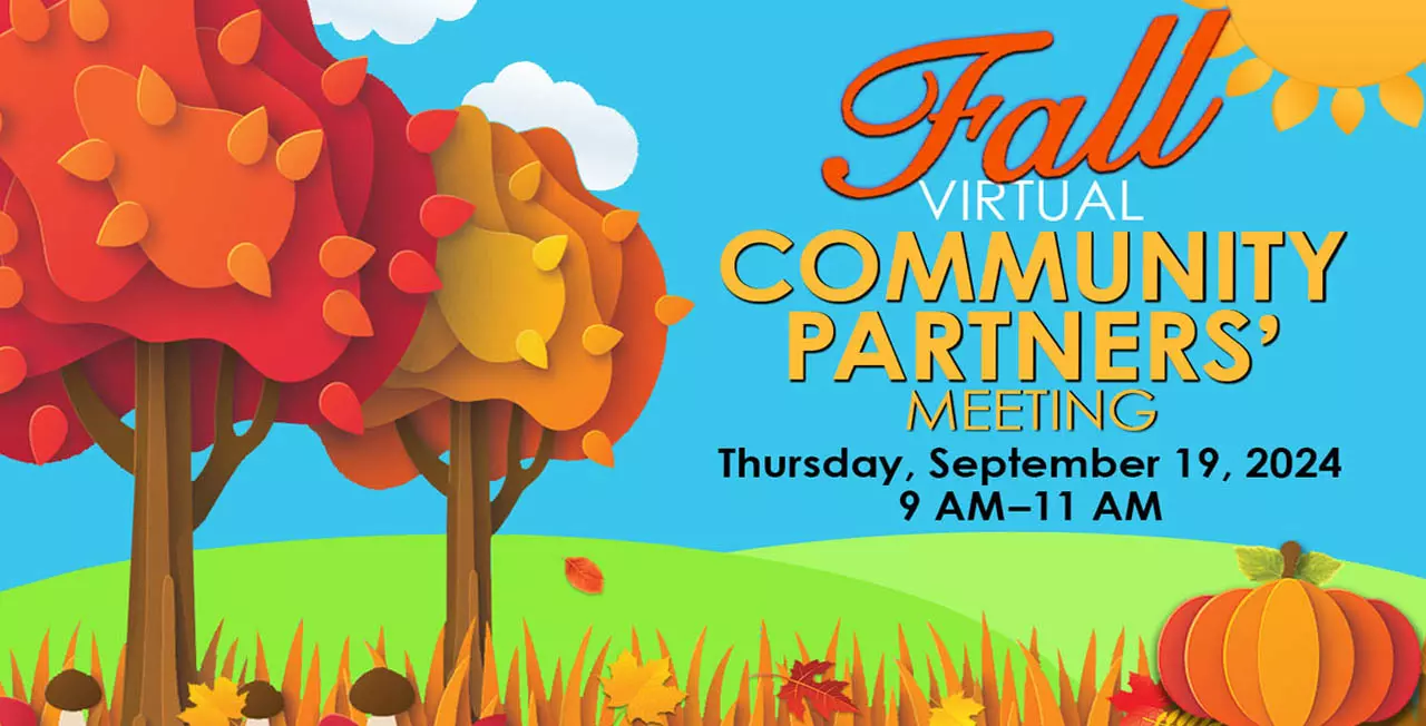 Fall Community Partners banner with colorful leaves, tree and pumpkin