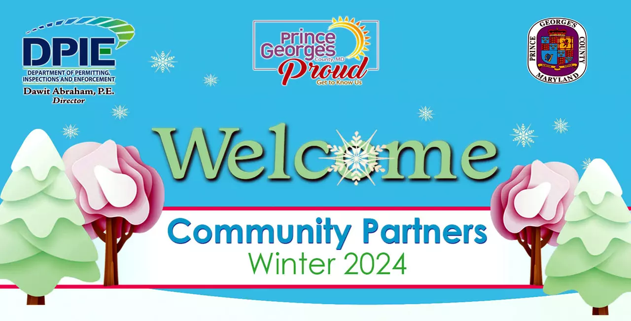 Community Partners Meeting DPIE Winter 2024 banner, pink and green trees and title