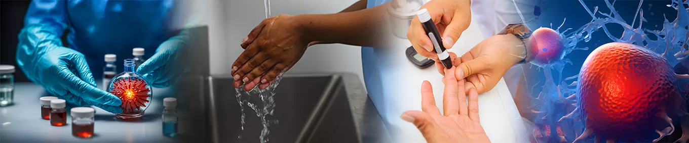 A collage of images depicting disease control, a scientist curing disease, a doctor washing their hands, a patient getting their blood drawn, germ cells.