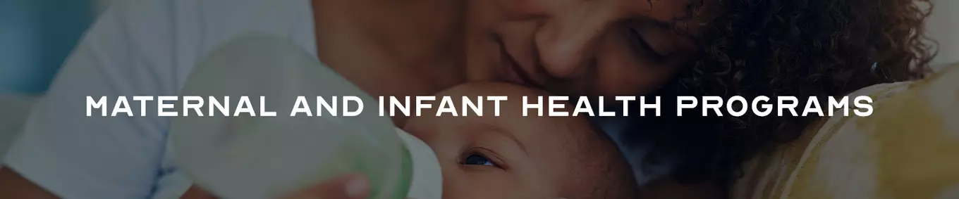 A mother feeding her baby milk from a bottle with the title "Maternal And Infant Health Programs".