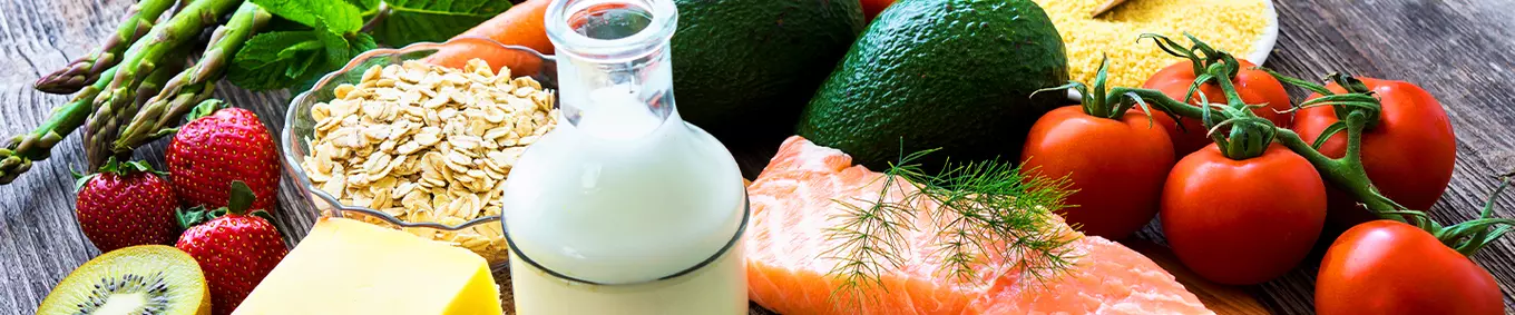 A photo of healthy foods, grains, and salmon.