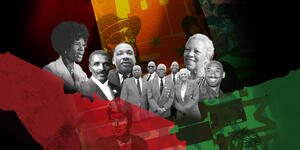 Black History Month collage including Dr. Martin Luther King, Jr., Chuck Brown, Shirley Chisholm, George Washington Carver, Kobe Bryant, Tuskegee Airmen, and Toni Morrison