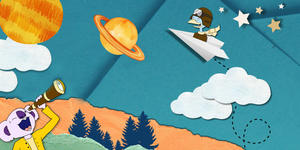 illustration of a bird flying in a paper airplane over hills and trees