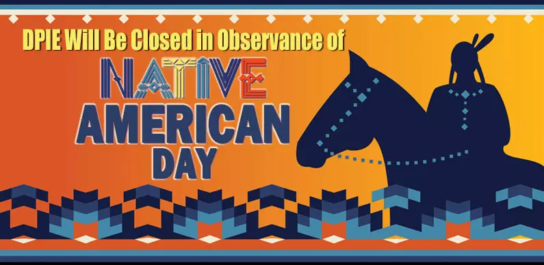 Native American Day closure, silhouette of Native American on a horse with textile pattern border