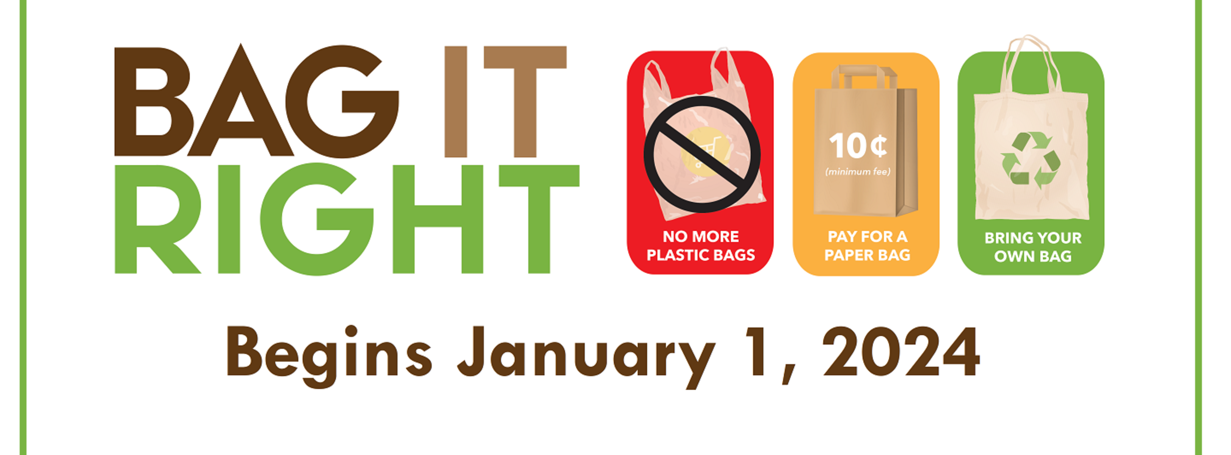 Bag It Right begins January 1, 2024, No More Plastic Bags, 10 cent minimum Pay for a Paper Bag, Bring Your Own Bag