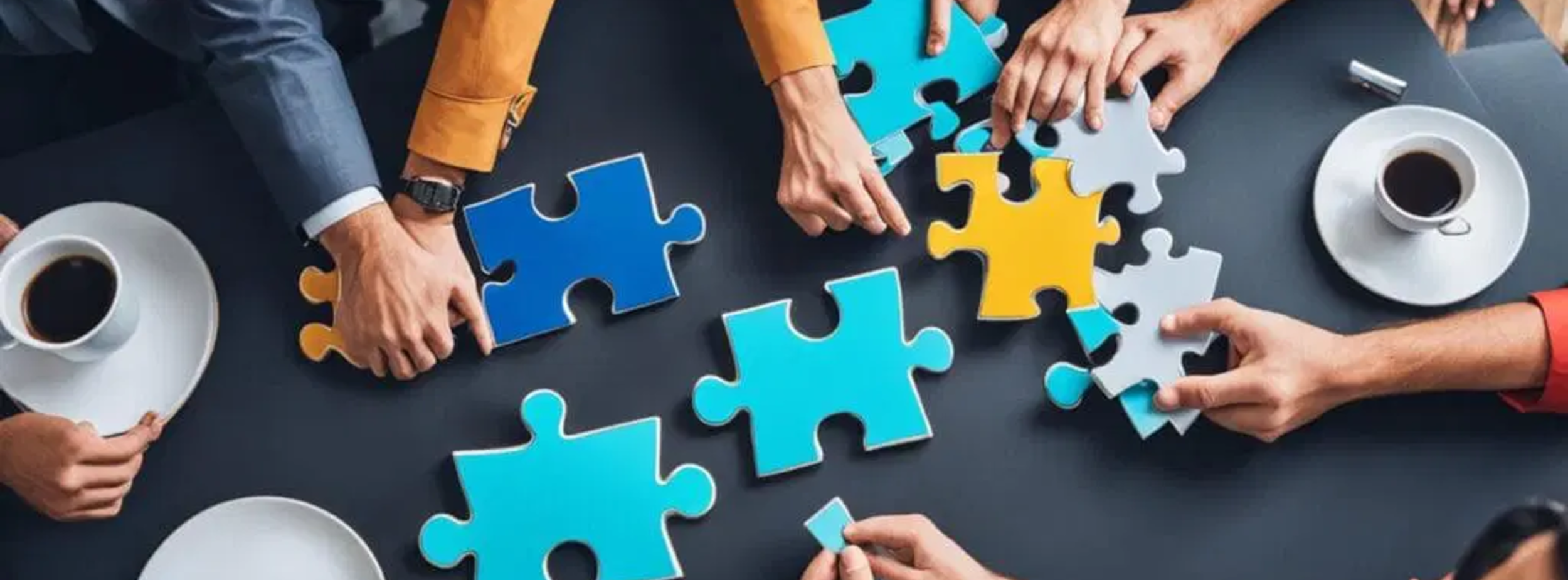 Group of business people working together to put together a large puzzle